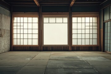 Empty room with three large windows and blank movie poster frames. AI generated illustration.