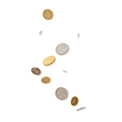 Halftone collage clipart with various falling coins. Vector design isolated on white background. Good luck and fortune concept. Retro style cut out paper elements. Vector design.