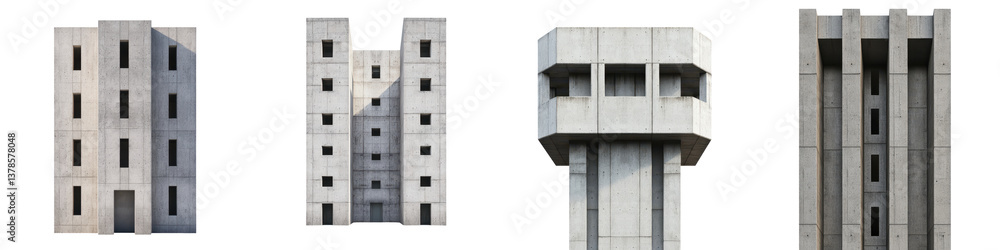 Poster a collection of impressive brutalist concrete buildings with geometric modular designs and repetitiv