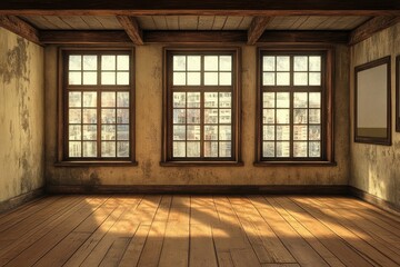 Obraz premium Empty room with three large windows and blank movie poster frames. AI generated illustration.