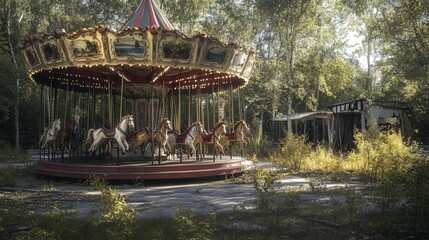 solitary carousel in an abandoned amusement park, its faded horses frozen in time, surrounded by...