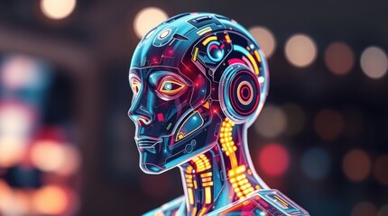 Fototapeta premium Futuristic Robot Head with Glowing Circuits and Cybernetic Design