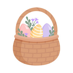 Easter basket with eggs isolated on white background