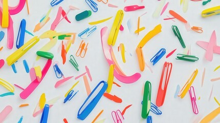 assorted colorful paper clips scattered across a white background.