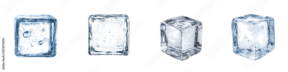 Poster closeup view of several transparent geometric ice cubes with a crystal like frozen texture and refle