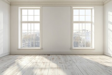 Fototapeta premium Empty room with three large windows and blank movie poster frames. AI generated illustration.