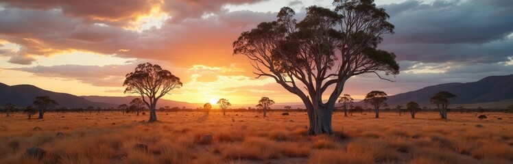 Australian outback landscape at sunset. Acacia trees, orange grass, dramatic clouds. Golden hour scene of nature, wilderness. Calm, serene peaceful mood, travel background for tourism ads.