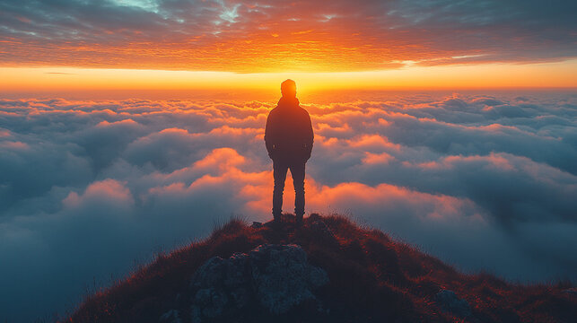 A man’s silhouette stands atop a mountain, gazing at a cloudy sunset, symbolizing faith, self-reflection, and spiritual awakening in a journey toward hope and enlightenment