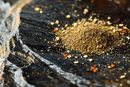 Close-up of a delicate sprinkle of minced spice blend on a polished obsidian surface, emphasizing texture and contrast.
