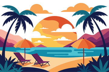 Obraz premium Vivid Beach View with Palm Trees, Umbrellas, and Lounge Chairs at Sunset