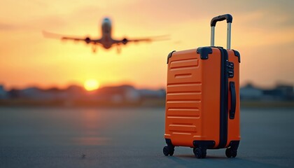 Orange suitcase stands airport runway, airplane takes off. Sunset background, representing travel adventure. New beginnings, journey to vacation, explore unknown world. Travel, trip, flight, freedom,