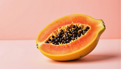 Modern food photo advertisement: A halved papaya reveals its vibrant orange flesh and black seeds against a soft pink background.