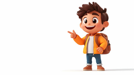 3D Render Cheerful Boy Character with Backpack Pointing Index Finger in Orange Jacket Isolated on White Background for Education and Travel