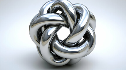 Fototapeta premium 3D Render of a Complex Metallic Knot Sphere with Intersecting Shiny Chrome Shapes on a White Background Reflecting Light in a Contemporary Style