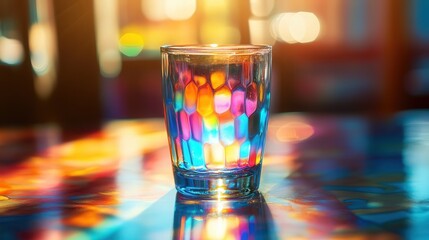soda glass on a table, sunlight shining through its translucent surface and creating colorful reflections.