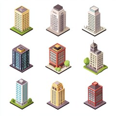 Fototapeta premium Isometric set of modern skyscrapers and office buildings.
