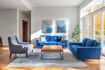 Fototapeta premium Farmhouse living room with blue furniture against empty white background. AI generated illustration.