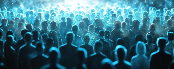 Obraz premium A diverse crowd of people illuminated by a blue light, creating an ethereal atmosphere.
