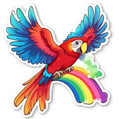 Obraz premium Colorful Parrot with Vibrant Wings Flying Over a Bright Rainbow