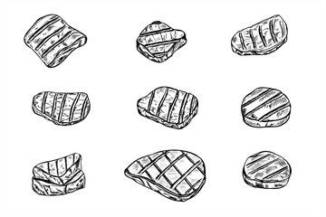 Monochrome grilled meat steaks vector illustration painted by black inks. Pork, beef steak, ribs, and chicken graphic sketch for BBQ menus, steakhouse branding, or meat related culinary projects.