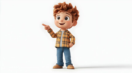 3D Rendering of Smiling Boy in Plaid Shirt Pointing Upward Isolated on White Background