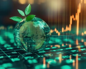 A futuristic stock market where green businesses dominate financial growth