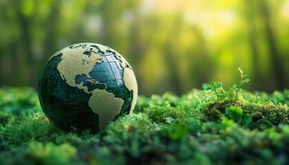 A globe resting on vibrant green moss, symbolizing environmental conservation.