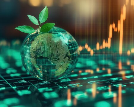 A futuristic stock market where green businesses dominate financial growth