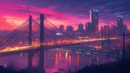 Naklejka premium steel cable bridge connecting two cityscapes, with urban lights shimmering in the background.