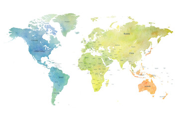 World Map Watercolor - Art Decorative Illustration of the World Map in Rainbow Colors - Ideally for Interior Print
