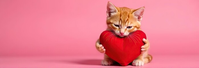 Ginger kitten hugging toy red heart. Cute cat on pink background. Valentine's Day love concept. Banner, advertisement, billboard for animal shelter, veterinary clinic
