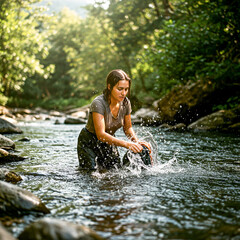 Fototapeta premium Young woman in the river and washing clothes by hand