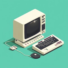 Isometric illustration of an old computer with floppy disk and retro design elements.