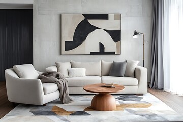 Fototapeta premium Elegant Living Room with White Sofa, Artwork, Round Table, and Stylish Decor