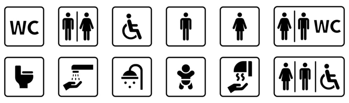 Toilet icons set, common male female restroom, handicap wheelchair access, sanitizer liquid soap, WC direction, baby changing table room, toilet signs, WC signs collection