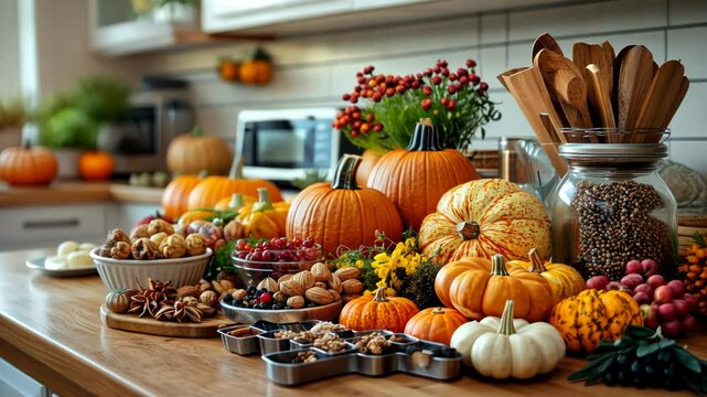 Autumnal kitchen countertop display with pumpkins, nuts, berries, and fall decor