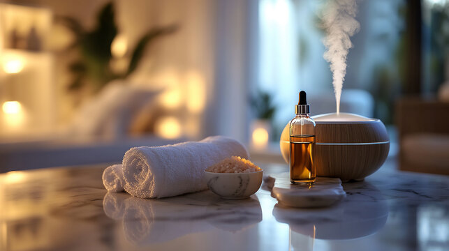 A glass bottle of essential oil, a small bowl of bath salts, and a plush cotton towel are neatly arranged next to a sleek aroma diffuser emitting a delicate mist.