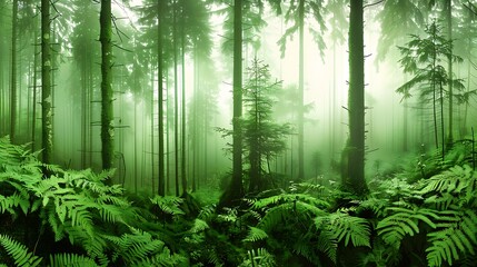 A dense vibrant green forest shrouded in a gentle morning mist