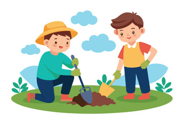 Cartoon Boys Gardening Soil with Tools in Garden on White Background