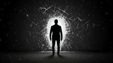 Fototapeta premium A solitary figure stands before a shattered barrier, symbolizing the journey through challenges and the emergence of new possibilities.