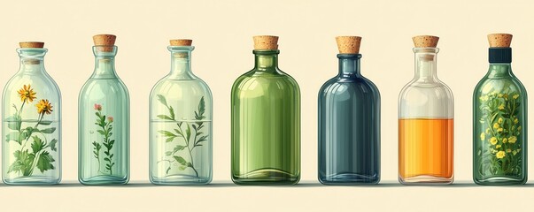 Collection of colorful bottles featuring botanical elements and cork tops
