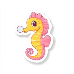 Fototapeta premium Cute Cartoon Seahorse with Bubble in Bright Colors for Kids