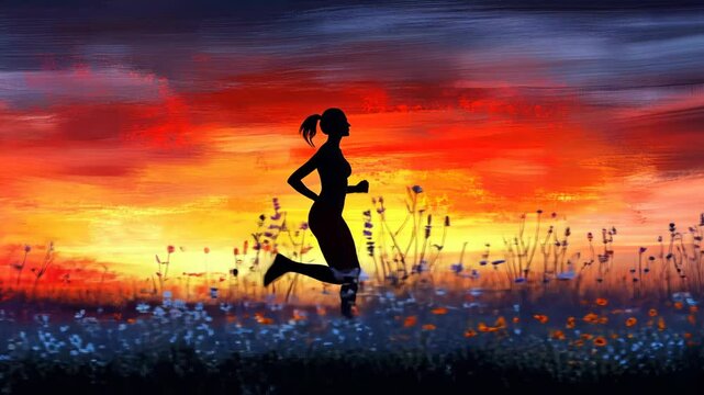 Silhouette of a runner at sunset over wildflowers