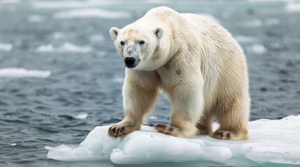 Fototapeta premium Polar bear stranded on ice floe arctic ocean wildlife photography global warming impact close-up view
