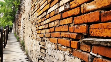 A perspective shot of an old, weathered brick wall. Ideal for architectural backgrounds, travel blogs, urban exploration sites, and construction or renovation projects.