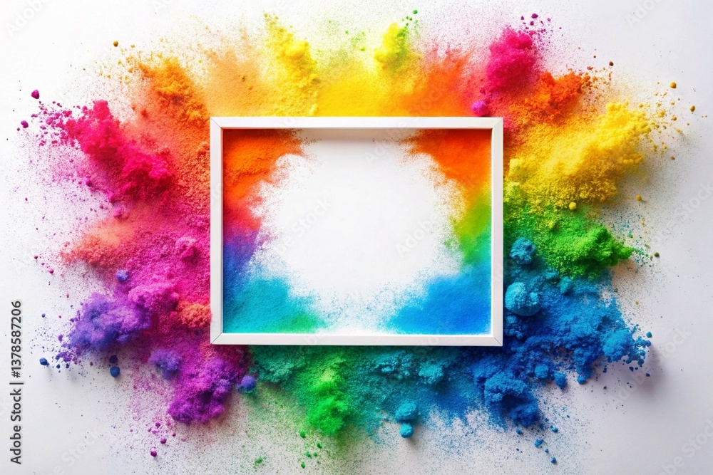 Poster vibrant rainbow holi powder explodes around a white frame border, creating a dynamic copy space desi