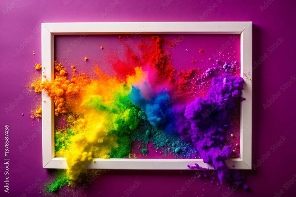 Poster vibrant rainbow holi powder explodes around a white frame border, creating a dynamic copy space desi