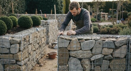Landscaper building a gabion wall in a garden, creating a raised flower bed with wire mesh and rocks
