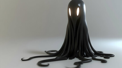 Abstract Glossy Black Creature with Tentacles and Glowing Eyes on a White Background in Studio Setting
