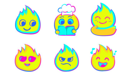 Fototapeta premium Cute & Expressive Fire Stickers - Neon Flame Emotions